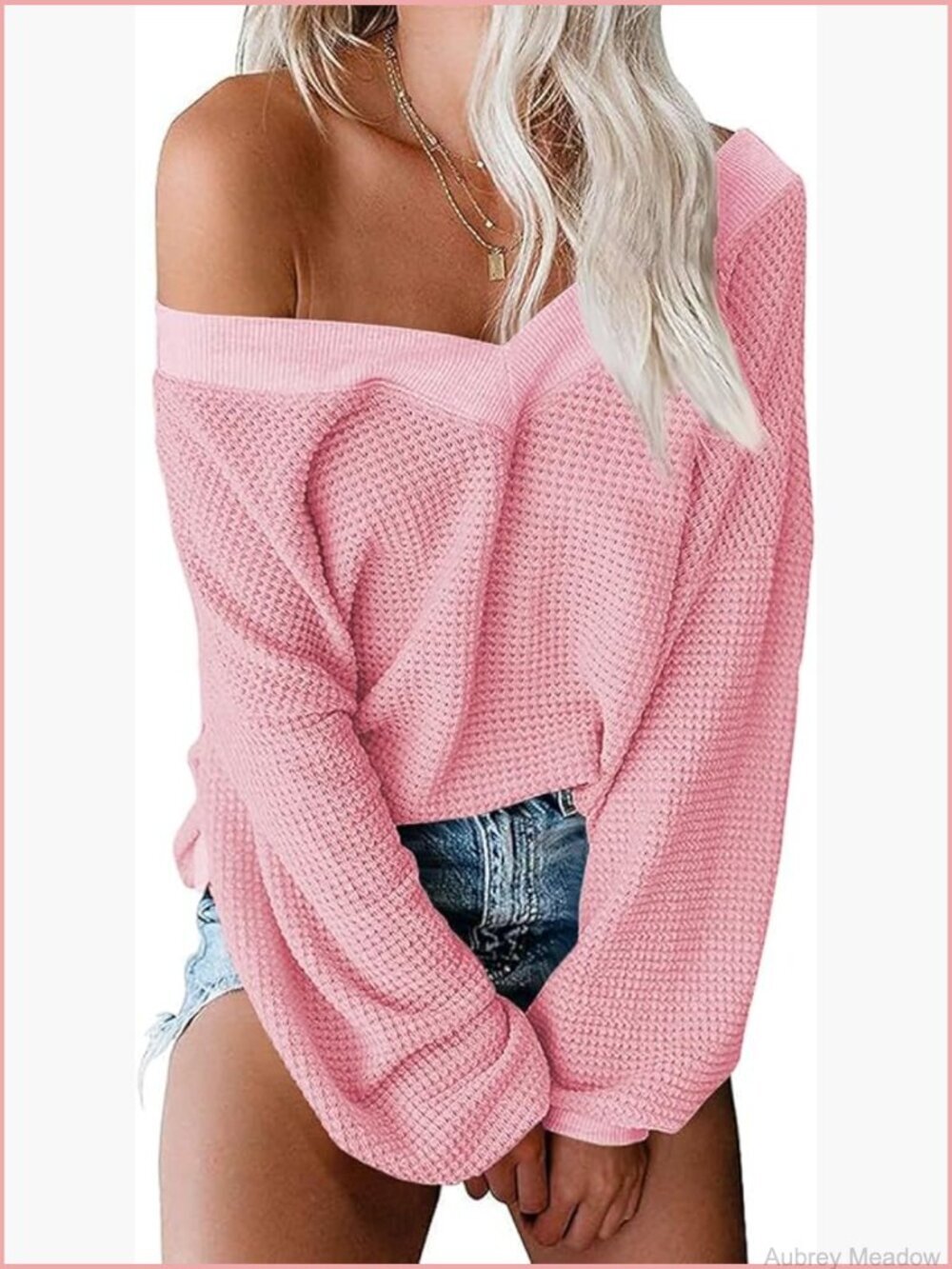 Women's V Neck Long Sleeve Waffle Knit Oversized Off Shoulder Pullover Sweater
